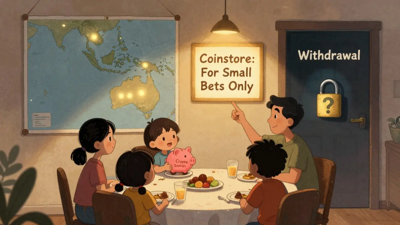 A family at dinner, one child holding a crypto piggy bank, while a locked withdrawal door glows ominously on the wall.