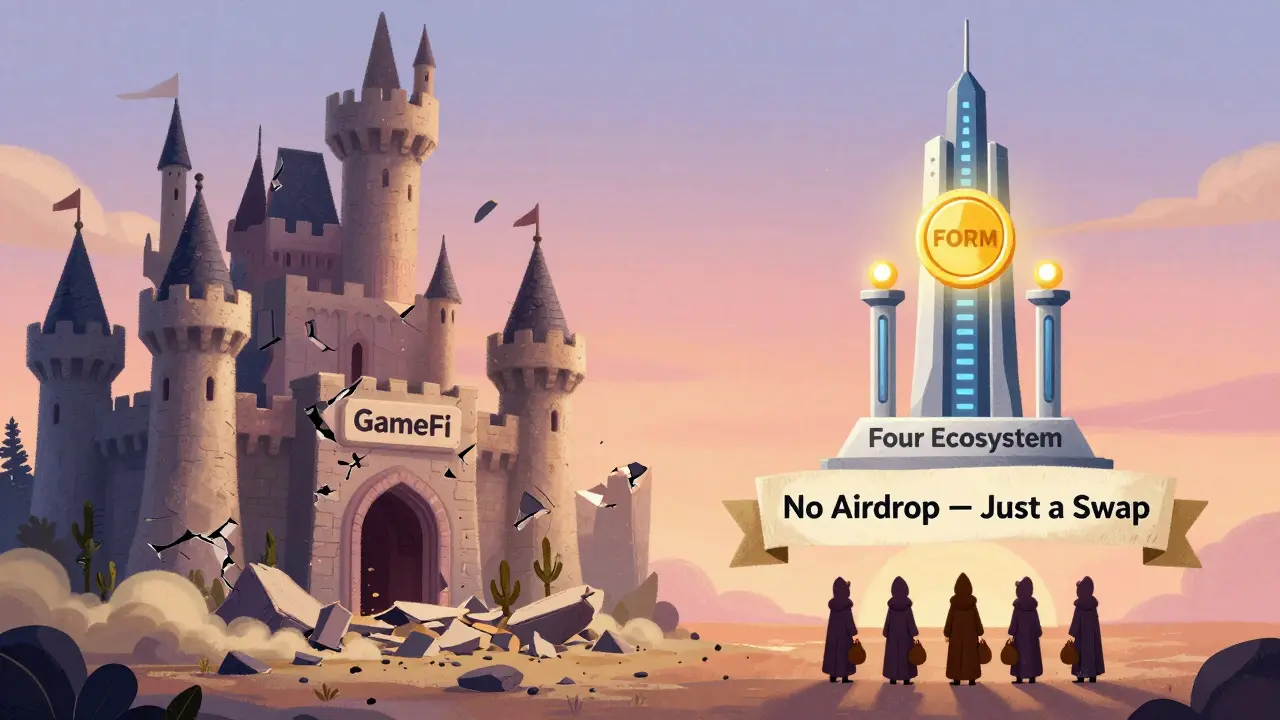 A GameFi castle crumbles as a new Four Ecosystem tower rises with four pillars.