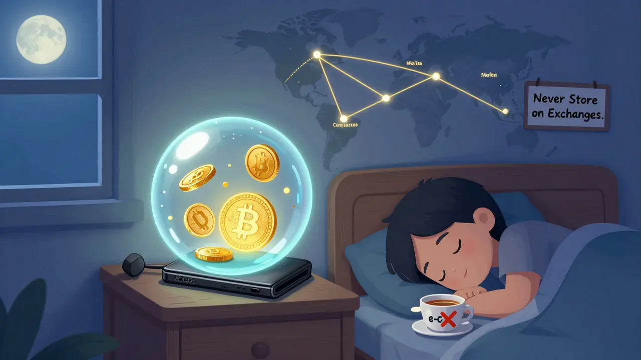 A hardware wallet safely stores crypto overnight, connected by golden wires to global exchanges under a moonlit sky.
