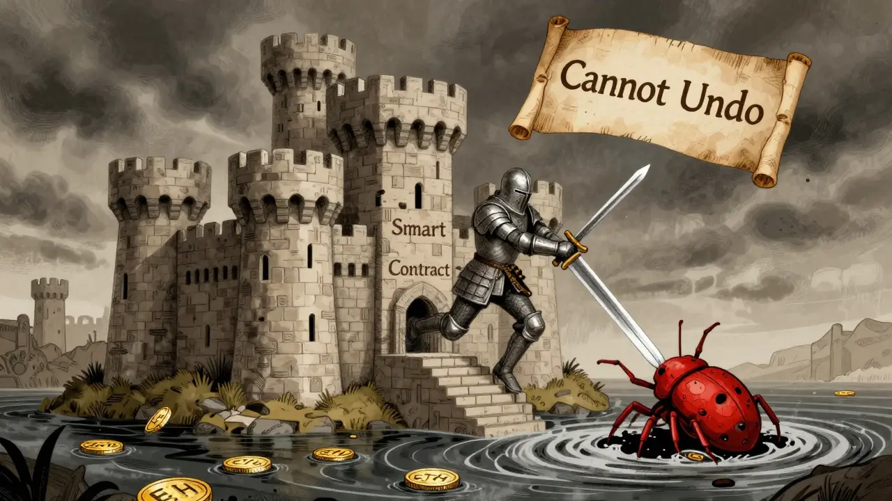 A knight stuck in a smart contract bug, gold coins vanishing into a whirlpool.
