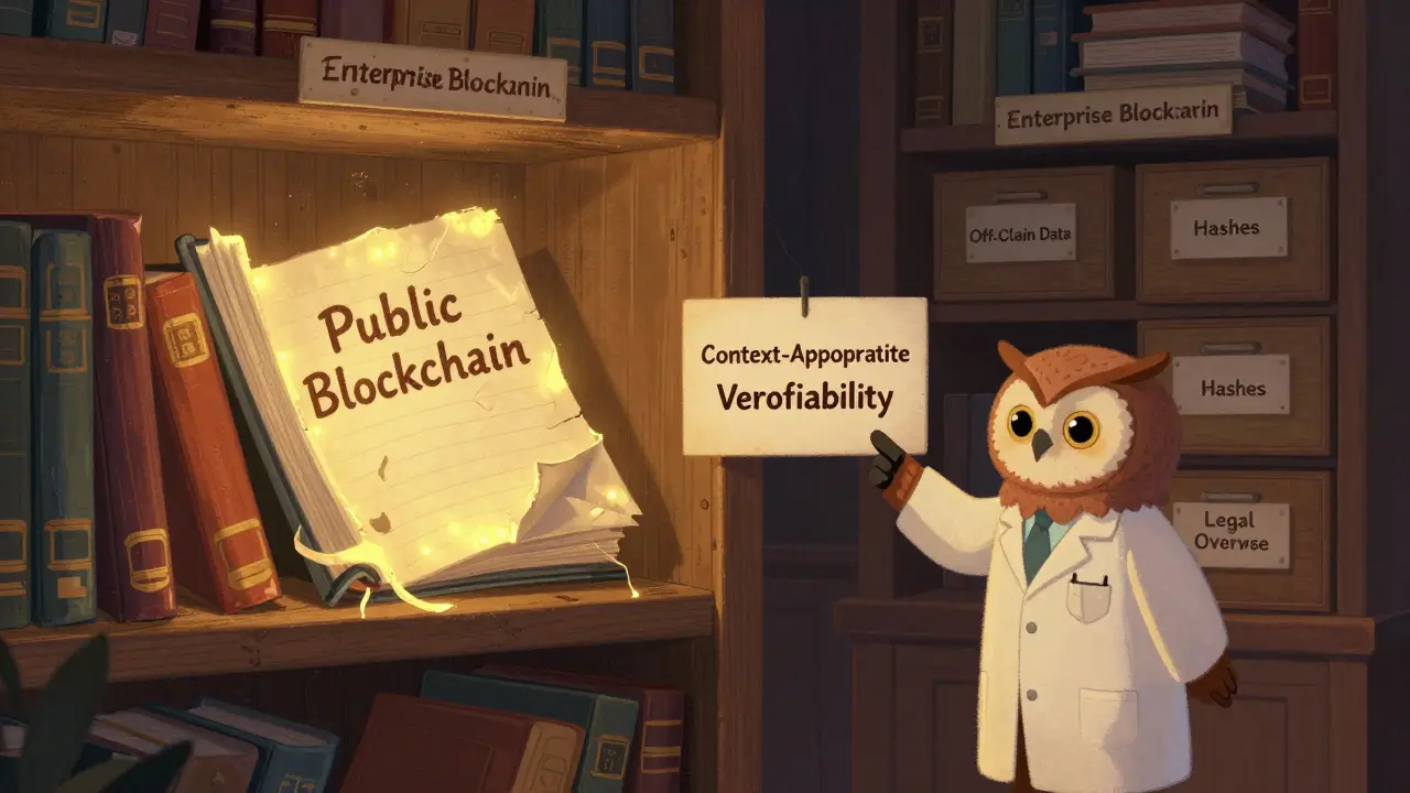 A library with two blockchain shelves: one crumbling, one organized with legal controls.