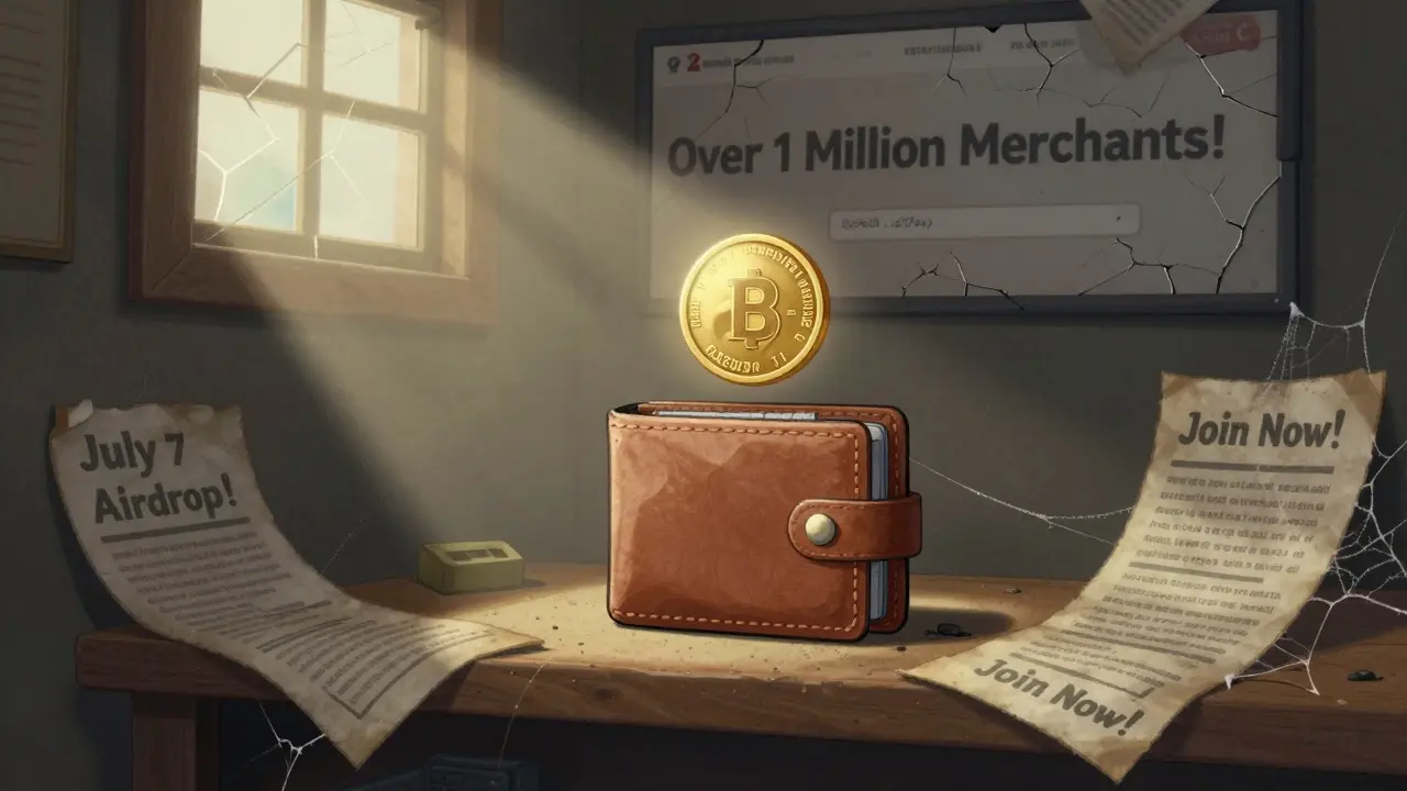 A lonely wallet on a dusty shelf with a fading ERC-20 token hovering above it, surrounded by forgotten flyers.