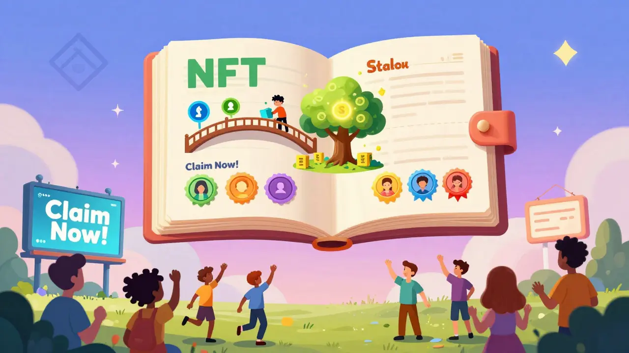 A magical ledger shows real METIS ecosystem activity, while users ignore a fake airdrop billboard in favor of DACs.