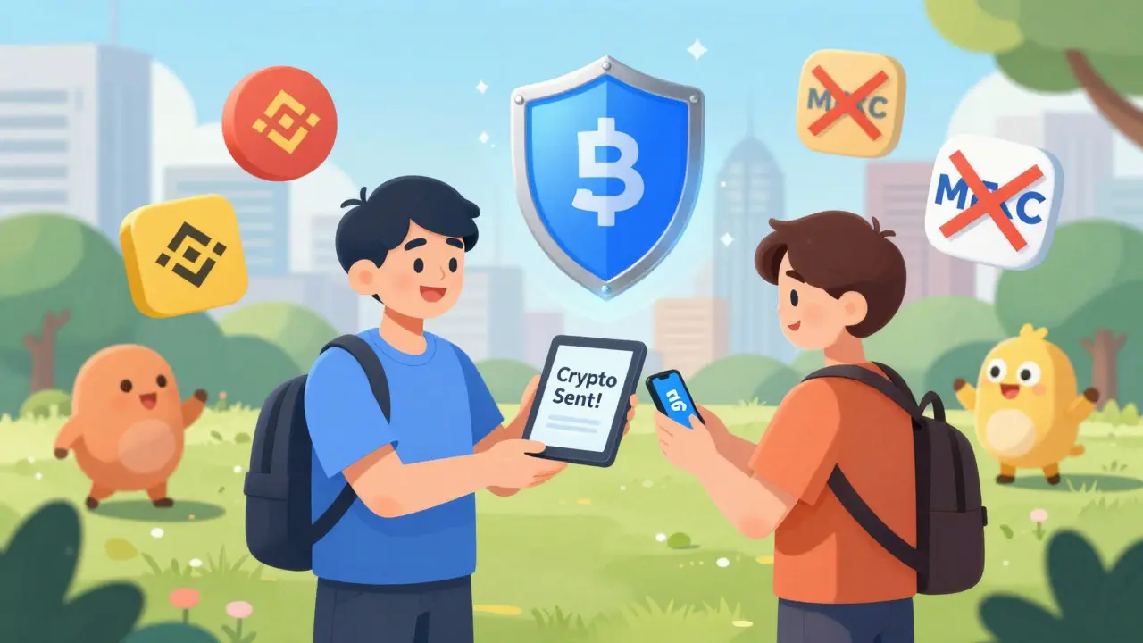 A P2P crypto trade in a Shanghai park: buyer receives crypto after paying via Alipay, with escrow shield glowing above them.