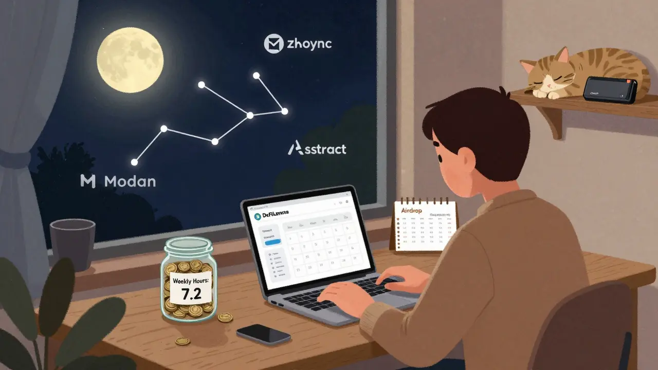 A person tracking airdrops at night with analytics, calendars, and crypto logos as constellations in a storybook style.