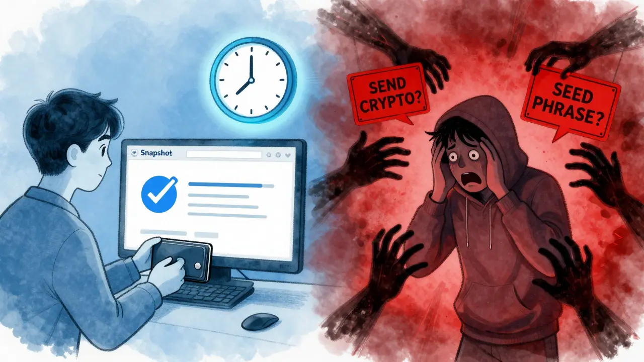 A safe airdrop claim on the left, a scam attack on the right, shown in contrasting storybook scenes.