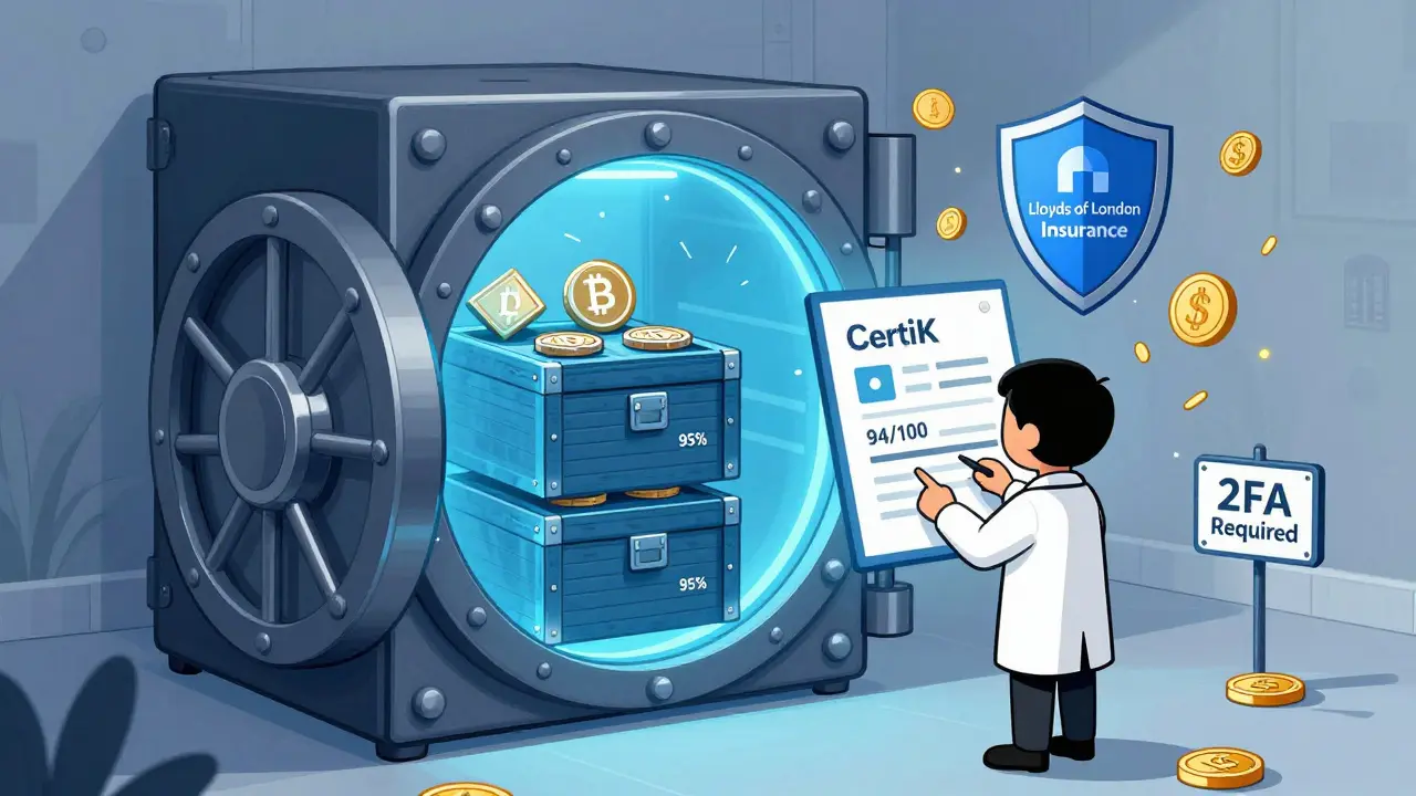 A secure digital vault with cold storage and insurance shield, surrounded by audit scores and security icons.