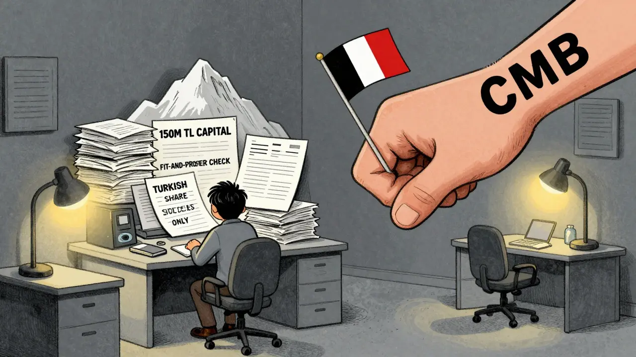 A small startup overwhelmed by massive regulatory paperwork, as a giant hand crushes a foreign flag.