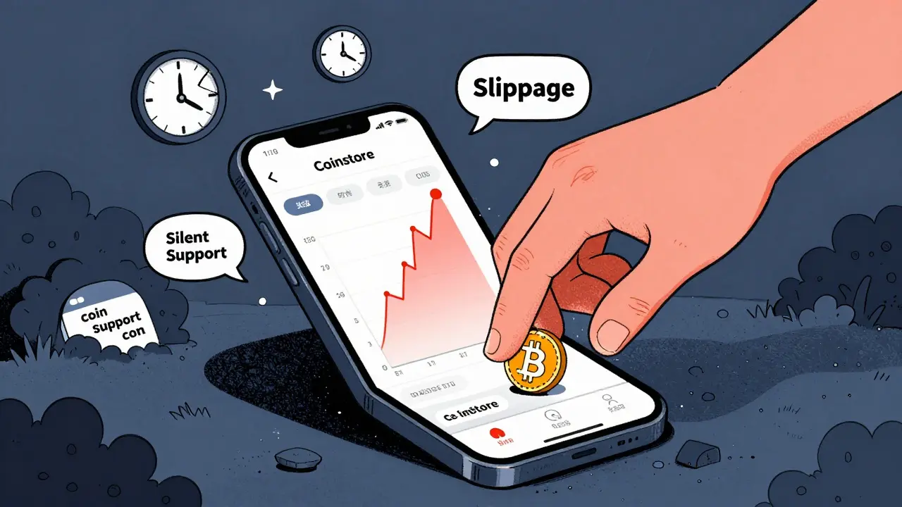 A smartphone showing a wild crypto chart as a crushing hand of slippage falls, with delayed withdrawals and fake websites nearby.