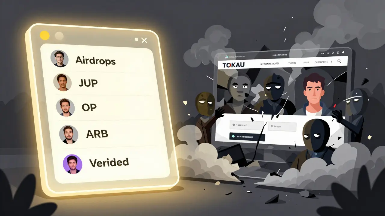 A split scene showing real crypto airdrops on one side and a collapsing fake TOKAU scam site on the other.