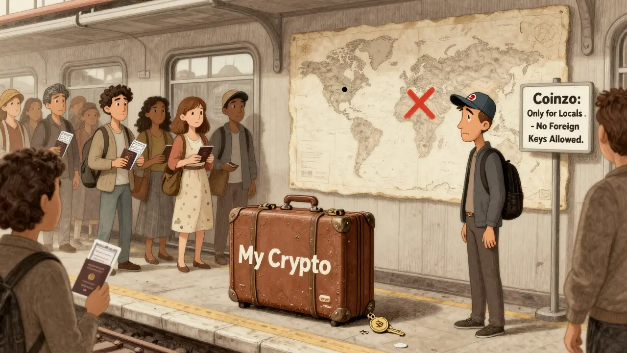 A suitcase with a Bitcoin key sits on a Turkish train platform as travelers with global passports walk away.