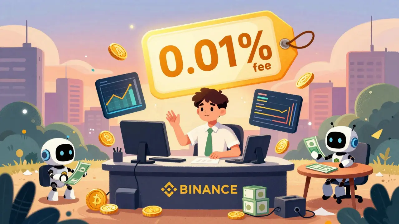 A trader using Binance’s low-fee platform while a beginner struggles with cash deposits nearby.