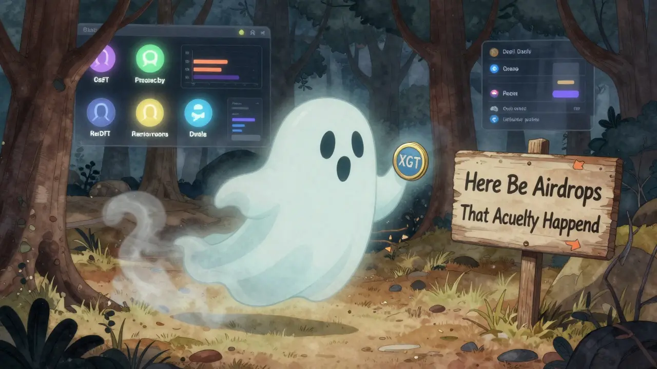 A transparent ghost token fading away in a barren crypto forest, while active projects glow brightly in the distance.
