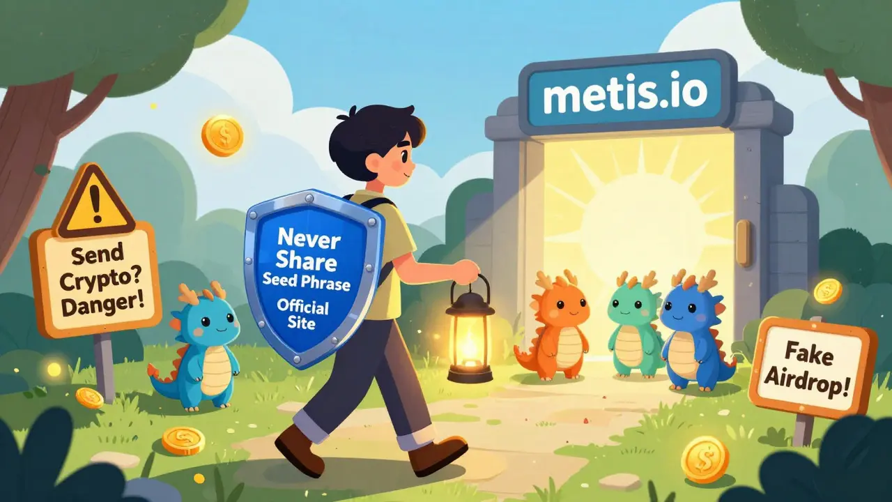 A user with a safety shield and lantern walks safely toward an official METIS staking portal, avoiding scam signs.