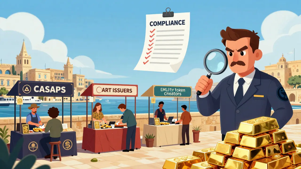 A vibrant marketplace in Malta with four crypto business stalls under a compliance checklist sky.