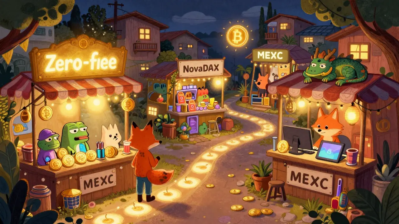 A whimsical crypto marketplace in Brazil with Foxbit, NovaDAX, and MEXC stalls in a vibrant bazaar.