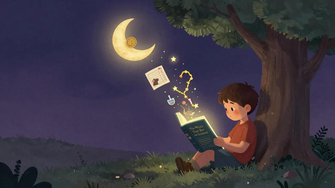 Child reading a glowing book about mice and RIF tokens, with floating scenes turning into stars.