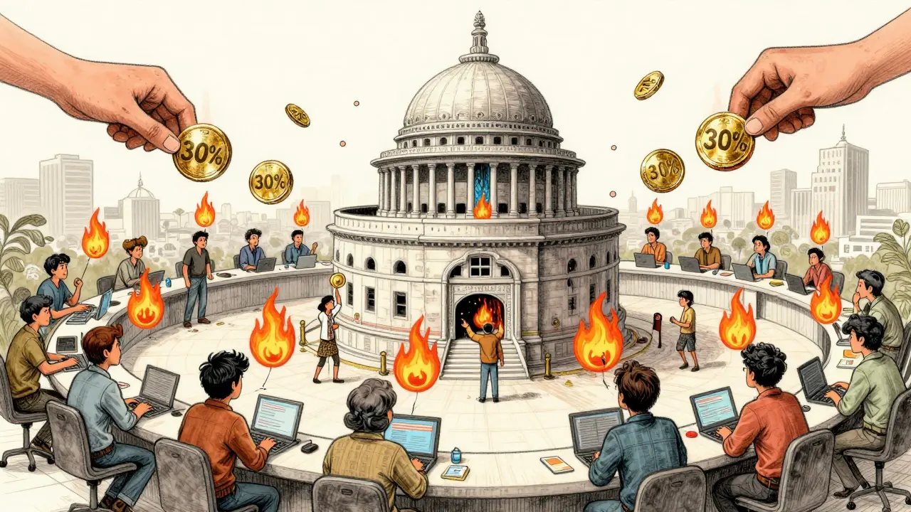 Crypto traders watching digital assets vanish into a tax vault shaped like India's parliament.