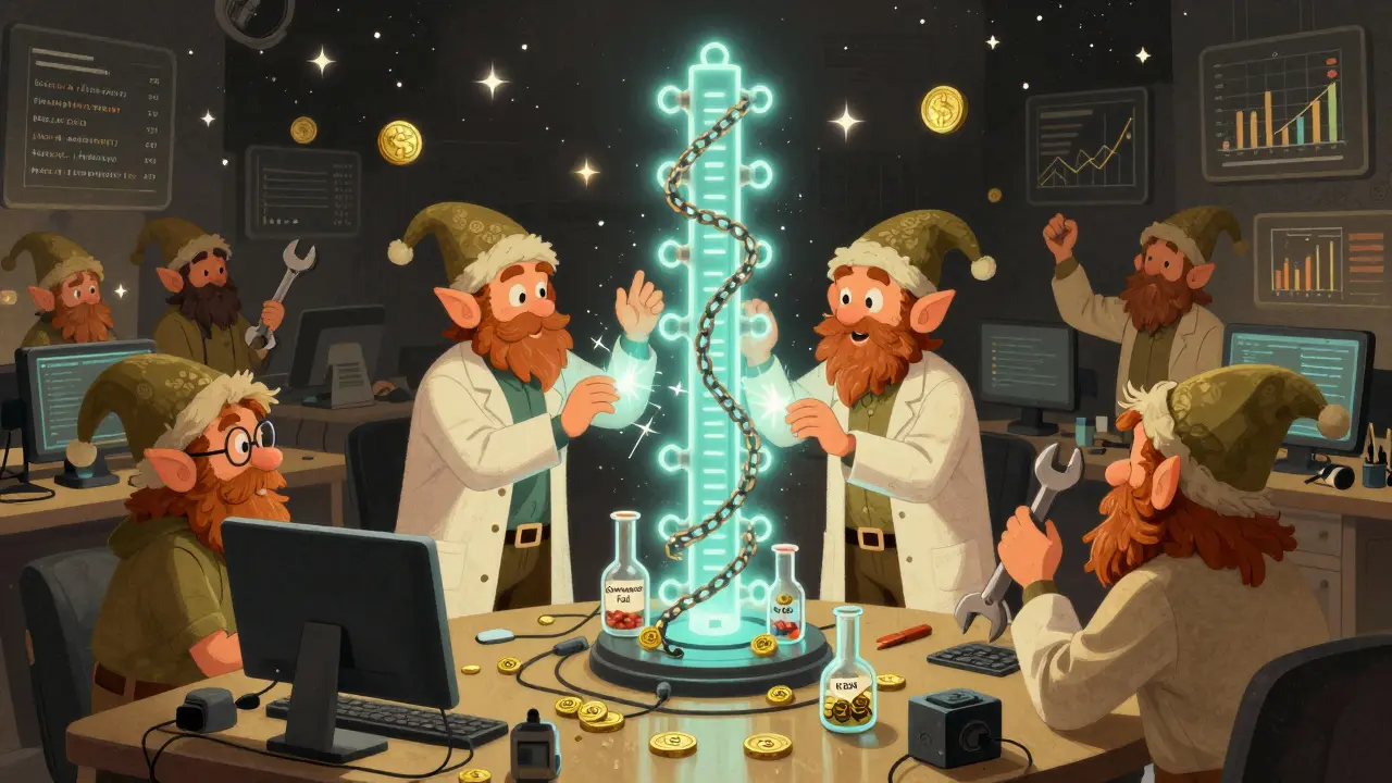 Developer elves repairing a glowing blockchain backbone in a whimsical digital workshop.