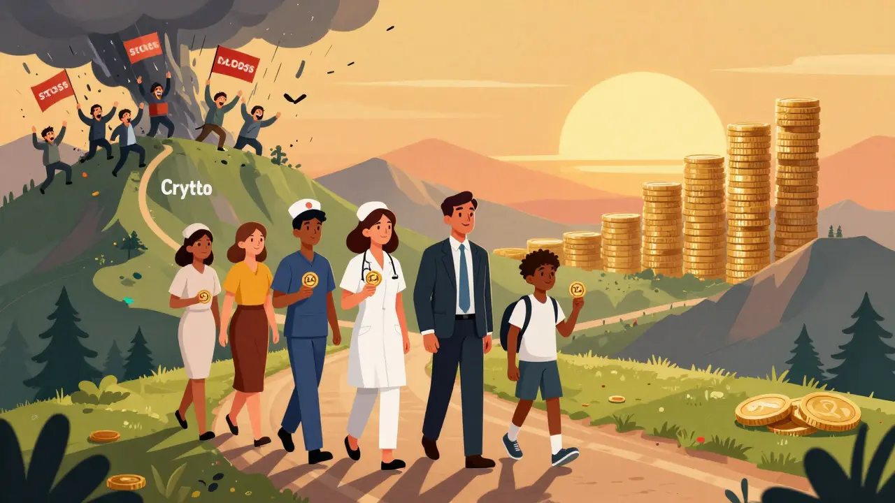 Diverse investors walking steadily up a path to crypto wealth, leaving frantic traders behind.