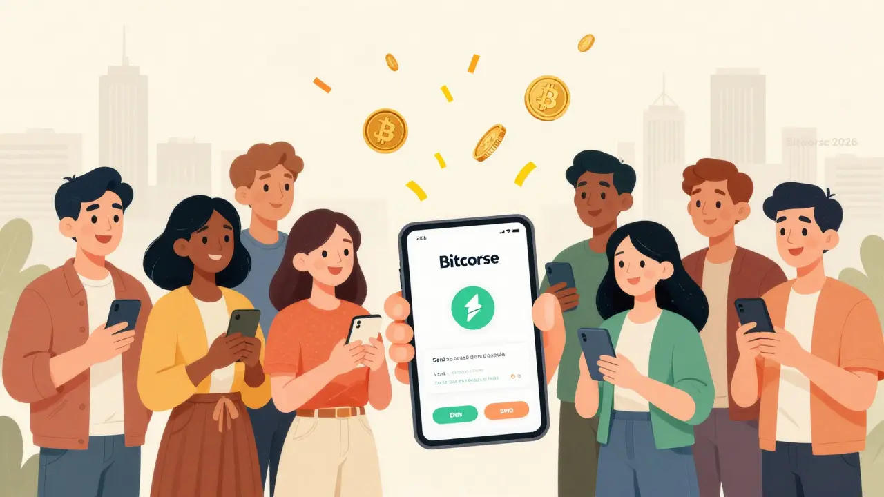 Diverse users staking crypto and sending funds via the Bitcorse app, with reward coins falling like confetti.