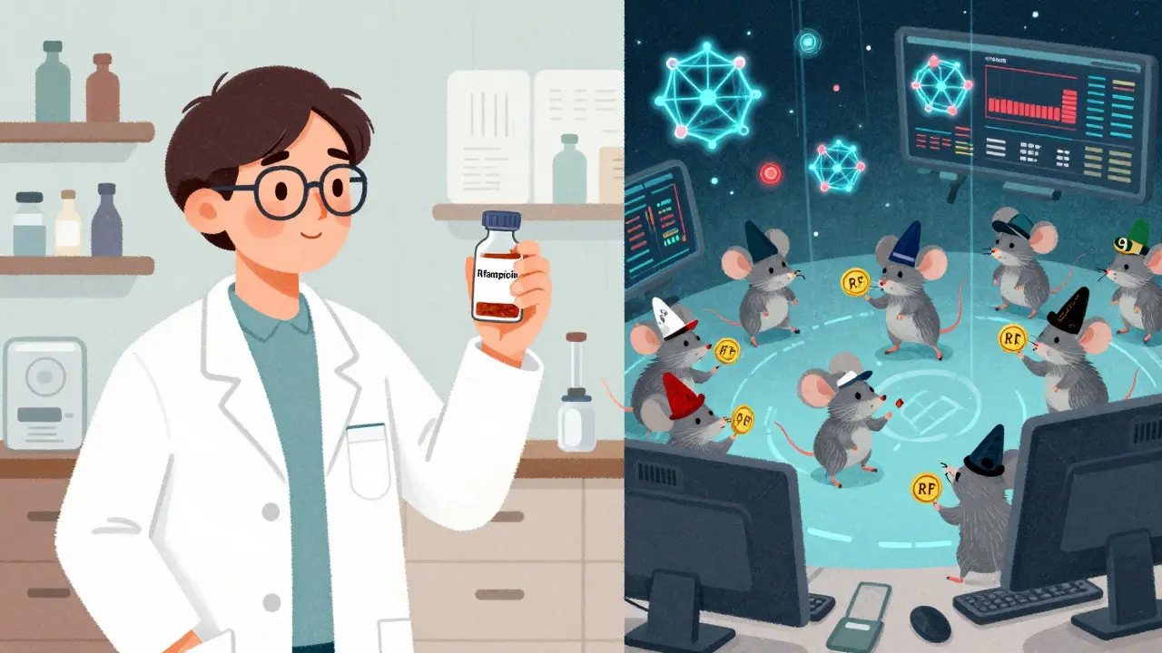 Scientist with antibiotic vial beside chaotic trading mice, blending science and crypto in a storybook scene.
