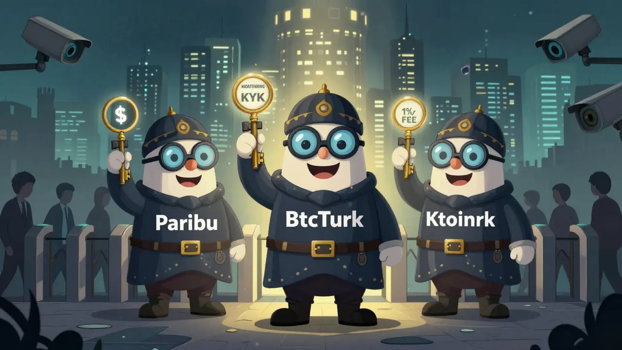 Three licensed crypto exchanges stand as guards over a monitored city, users walking in line under watchful eyes.