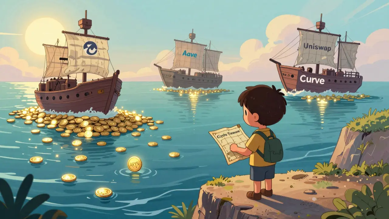 A child looks down from a cliff at a tiny APYS token while other crypto coins sail proudly in the distance.