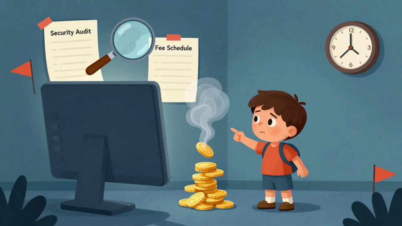 A child watches invisible coins vanish from a blank trading terminal, surrounded by empty security and fee labels.