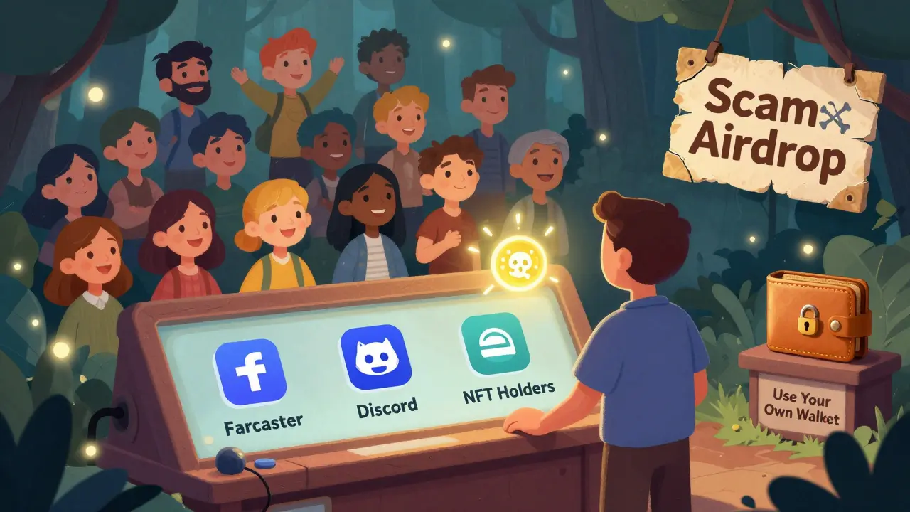 A community manager uses a magical console to send tokens to avatars via Farcaster and Discord, while a 'Scam Airdrop' sign crumbles in the corner.