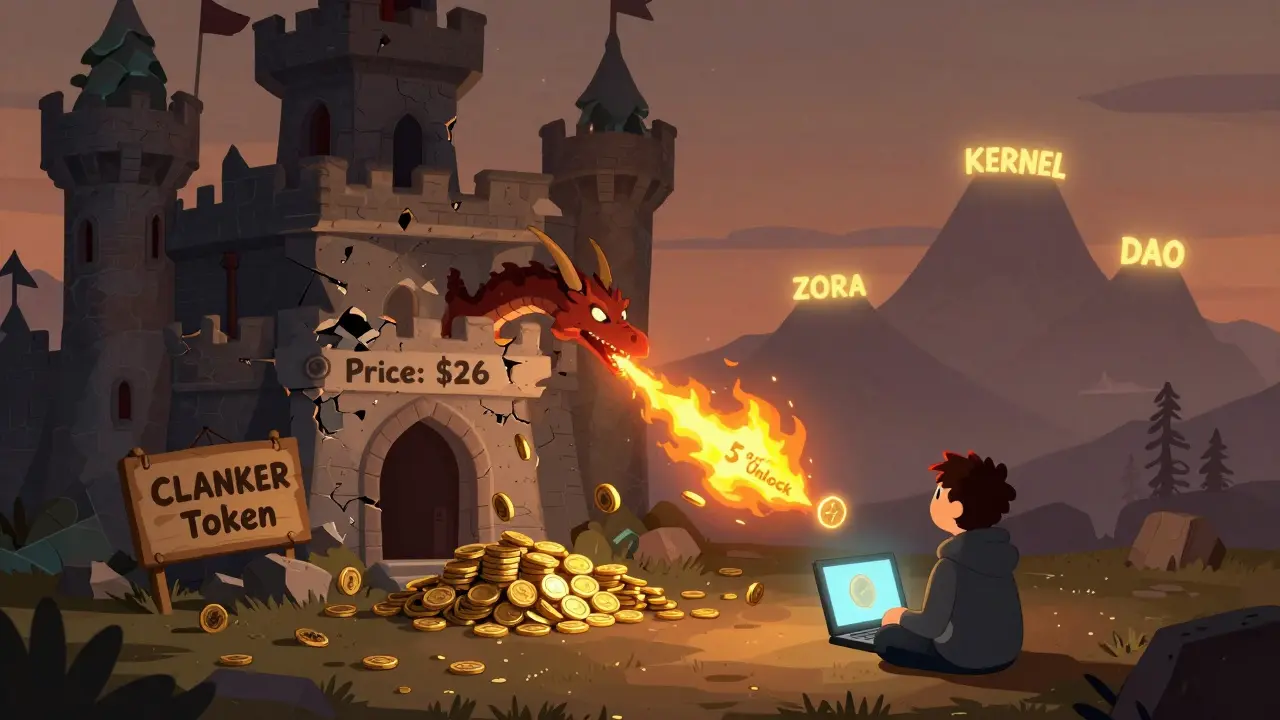 A crumbling CLANKER token castle falls as a dragon breathes fire, a lone developer watches while distant successful projects shine in the twilight.