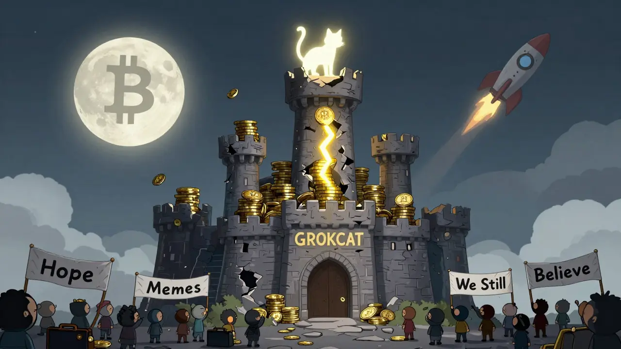 A crumbling token castle has one cat standing atop it, while a crowd waves hopeful banners under a moon shaped like a blockchain logo.