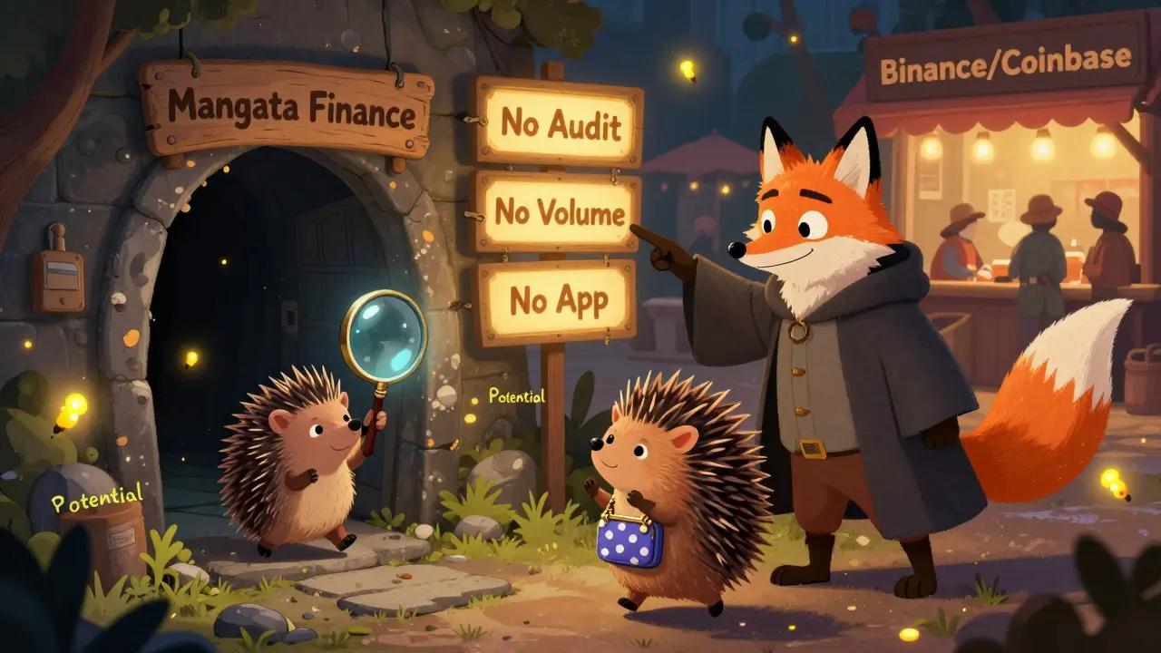 A curious newcomer hesitating before a dark portal labeled 'Mangata Finance,' with signs for no audit and no volume nearby.