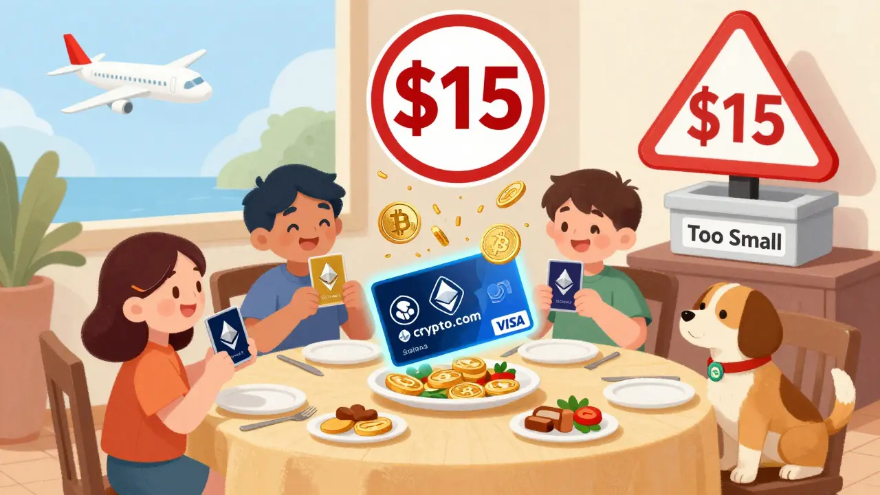 A family enjoying dinner with Crypto.com cards and cashback coins, a fee warning in background.