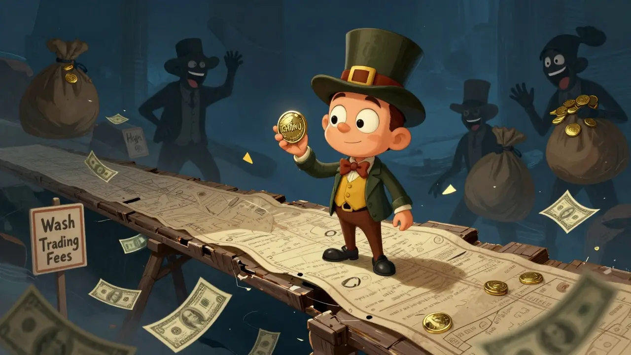 A gambler on a crumbling bridge of trading charts, chased by shadowy figures with sacks of coins.