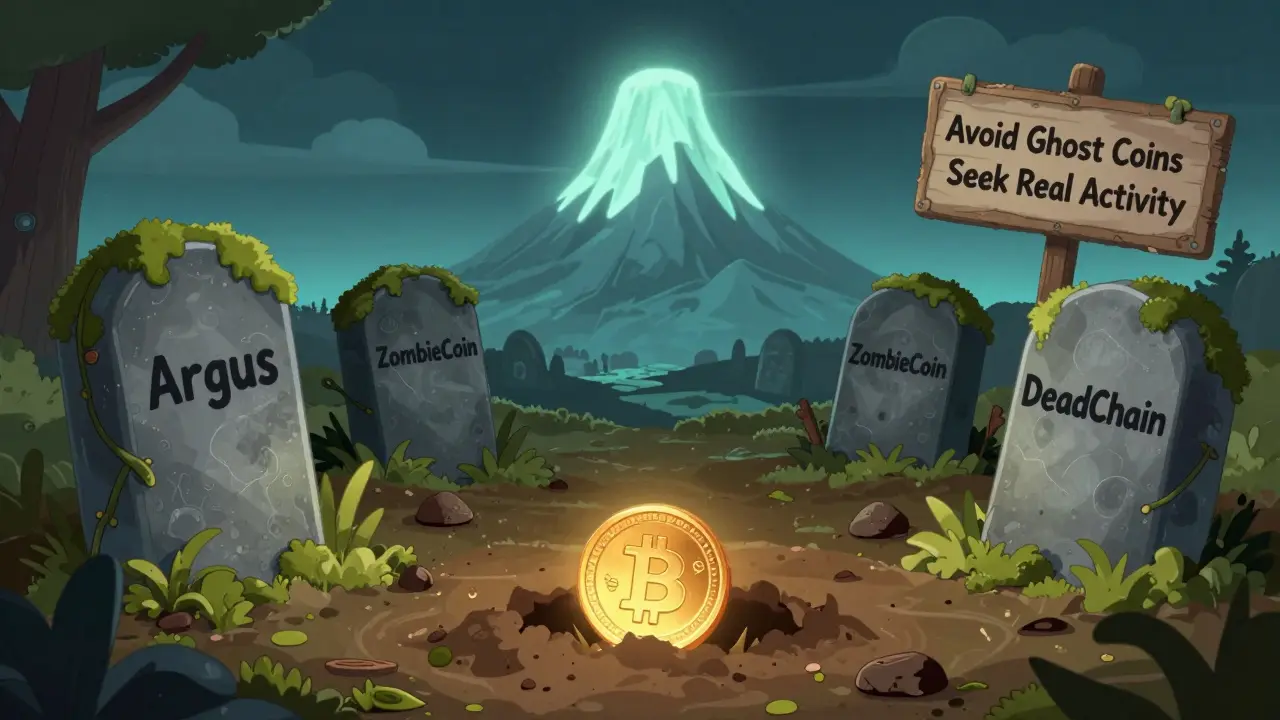 A graveyard of forgotten crypto coins with ARGUS buried in dirt, as Bitcoin looms large in the distance.
