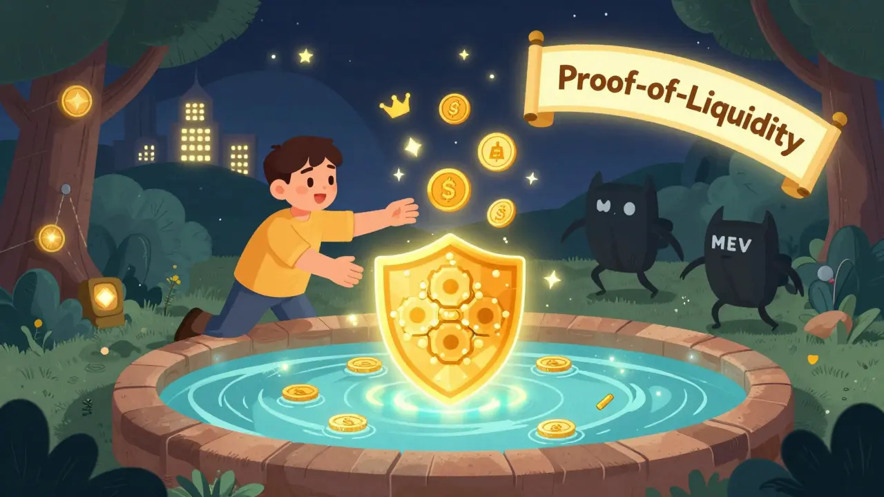 A liquidity provider adding coins to a magical pool that becomes a shield, while MEV bots are pushed away by glowing banners.