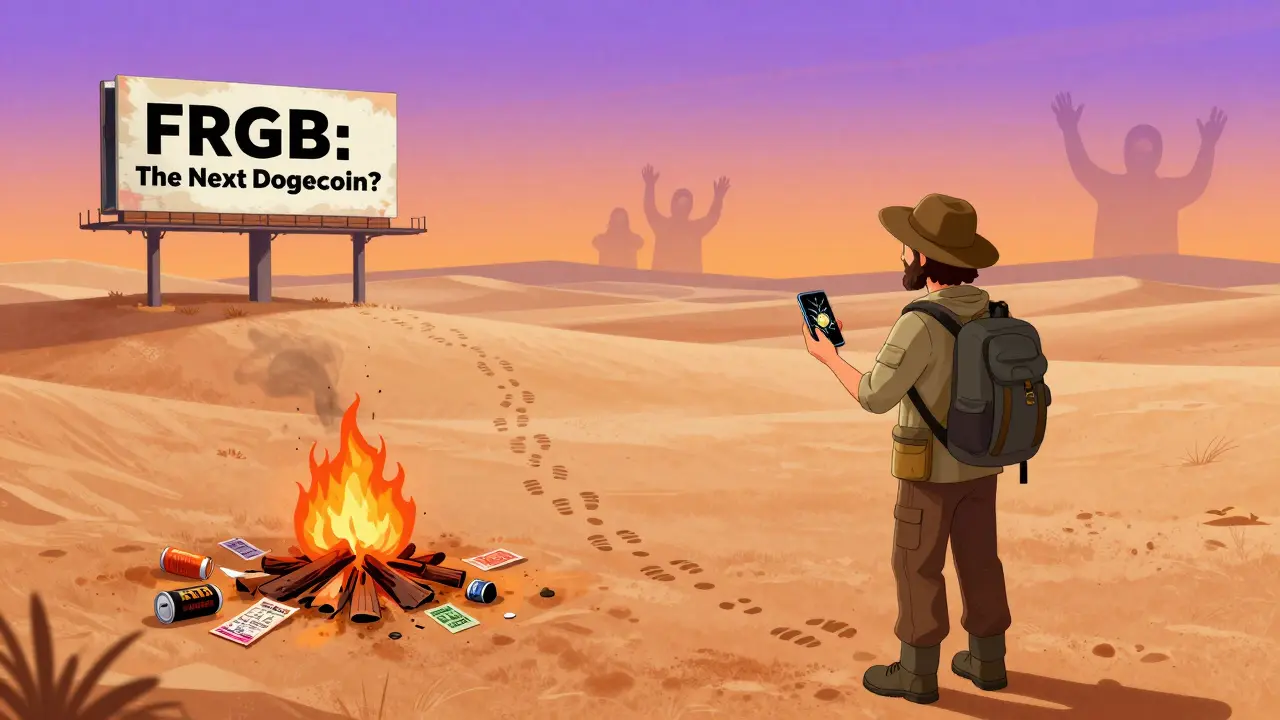 A lone figure stands in a desert with a FRGB token, facing a fading billboard that promises crypto fortune.