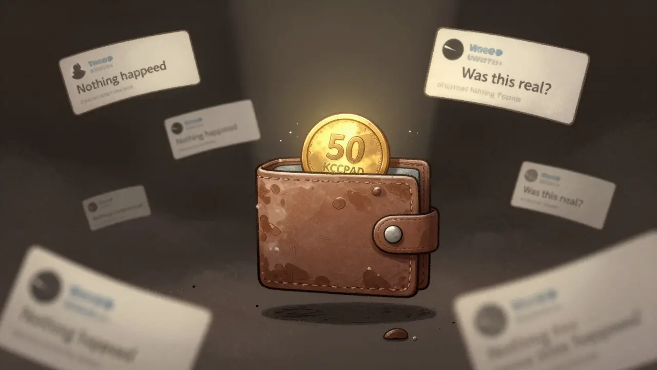 A lone glowing token floats in a digital void surrounded by erased tweets and forum posts about a vanished airdrop.