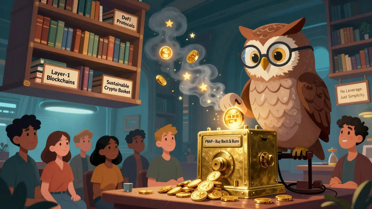 A magical library where a wise owl uses a machine to burn tokens into stars, symbolizing the PBAP program.