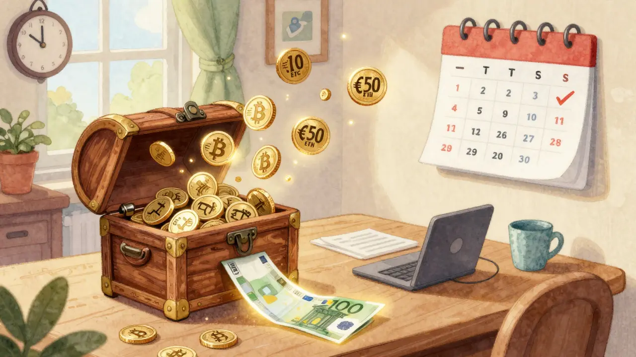 A magical moneybox automatically filling with crypto purchases every week, shown in a cozy European home setting.