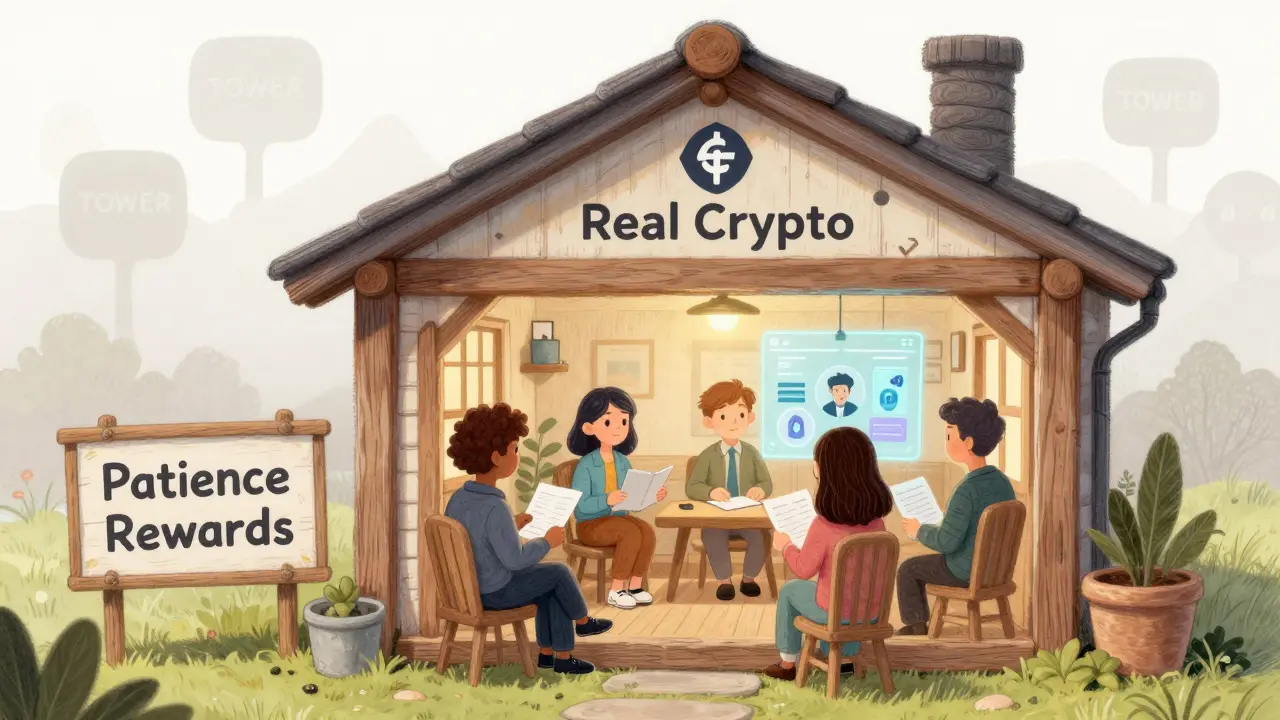 A peaceful cottage where people engage with real crypto projects through testnets and whitepapers.