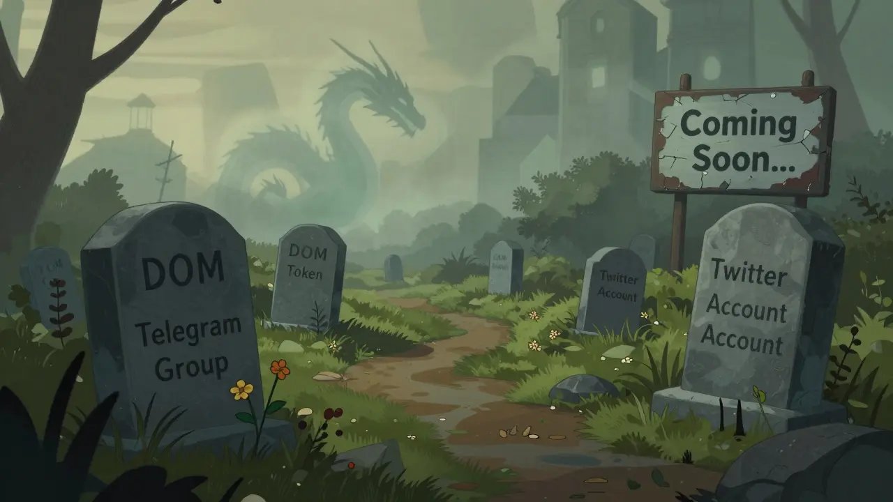 A quiet digital graveyard with tombstones for dead crypto projects, a ghostly dragon fading above, dawn light breaking through.