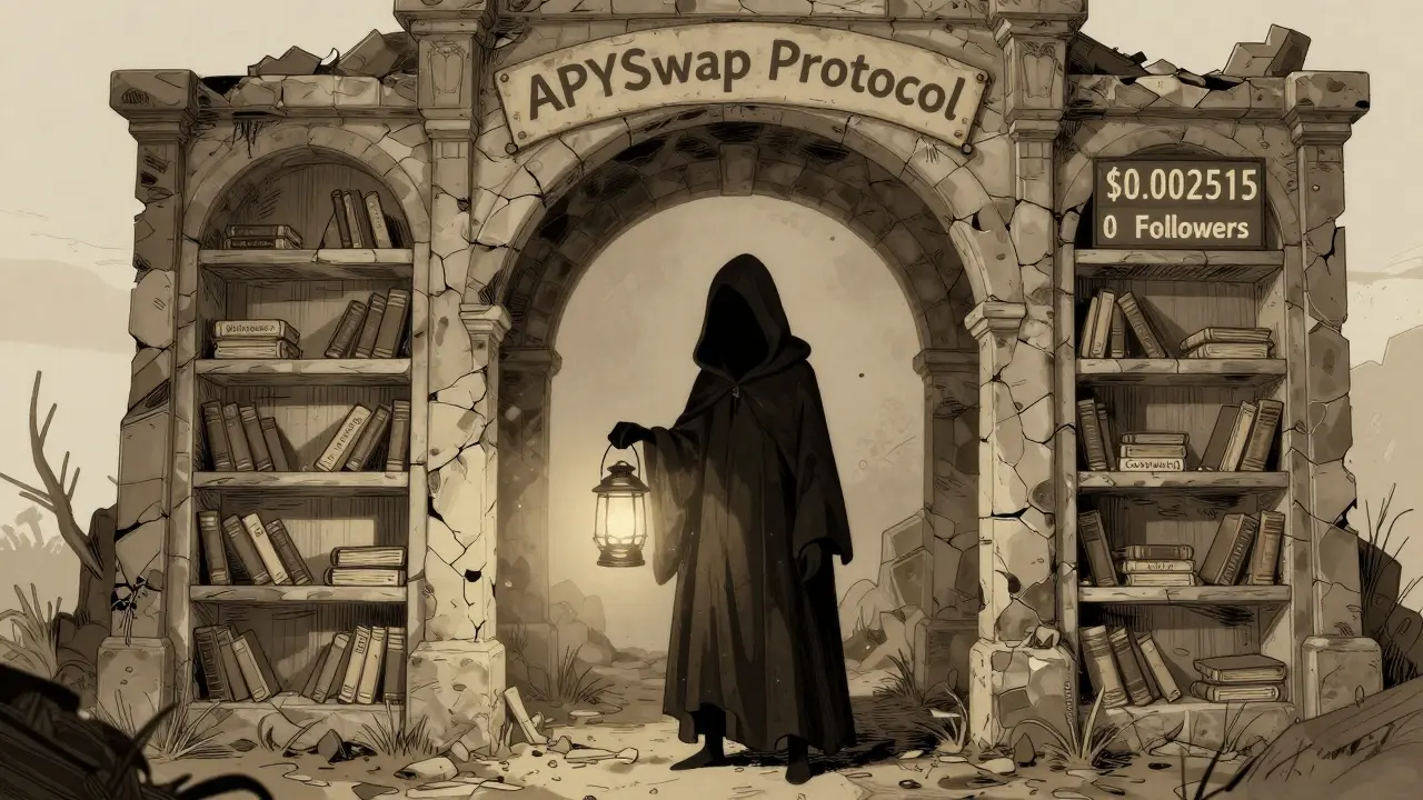 A shadowy figure stands before a crumbling APYSwap archway with empty shelves and a low price sign.