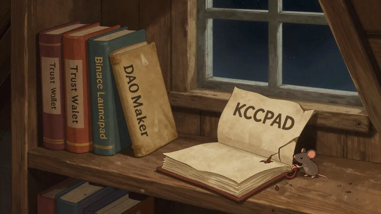 A tiny, fallen book titled 'KCCPAD' lies neglected on a shelf among successful launchpad books in a moonlit attic.