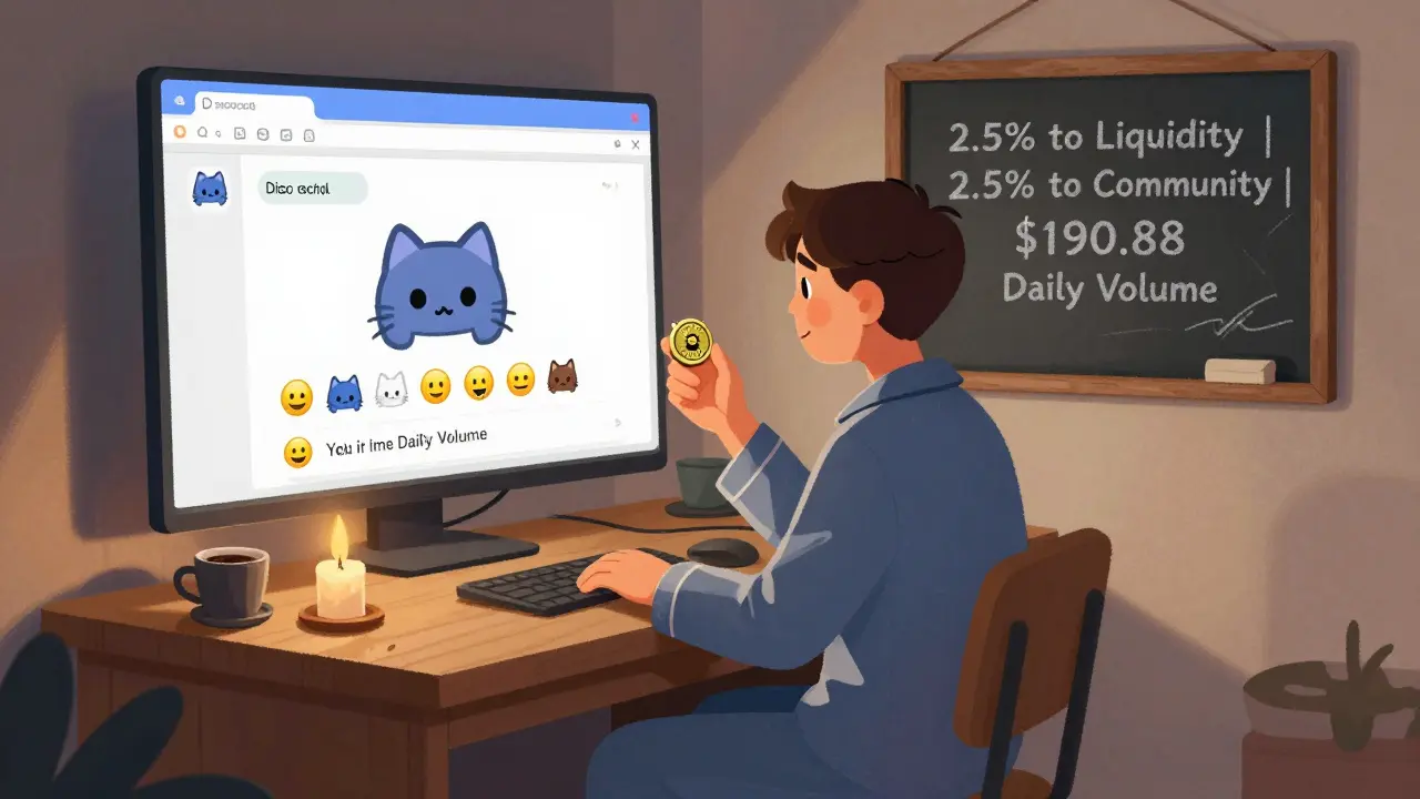 A trader in pajamas holds a GROKCAT token as floating Discord memes and a chalkboard with tax percentages glow beside them in a cozy room.