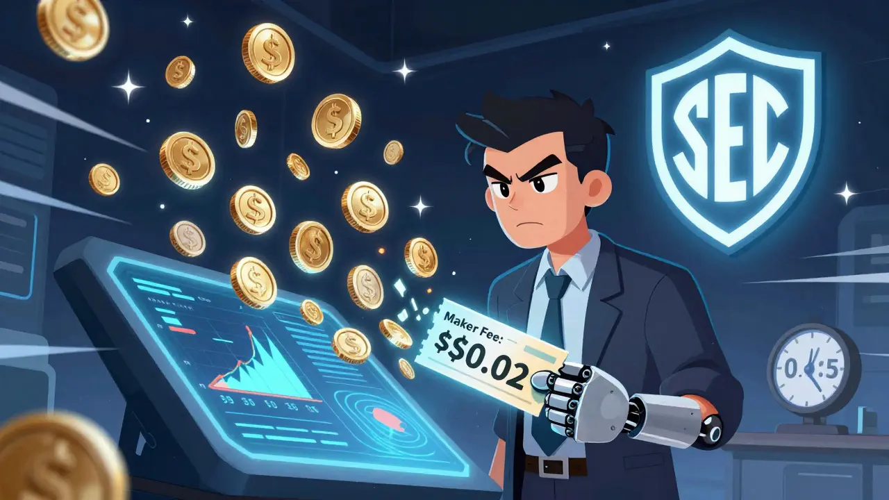 A trader surrounded by hundreds of crypto coins with Kraken's logo and fast execution timer.