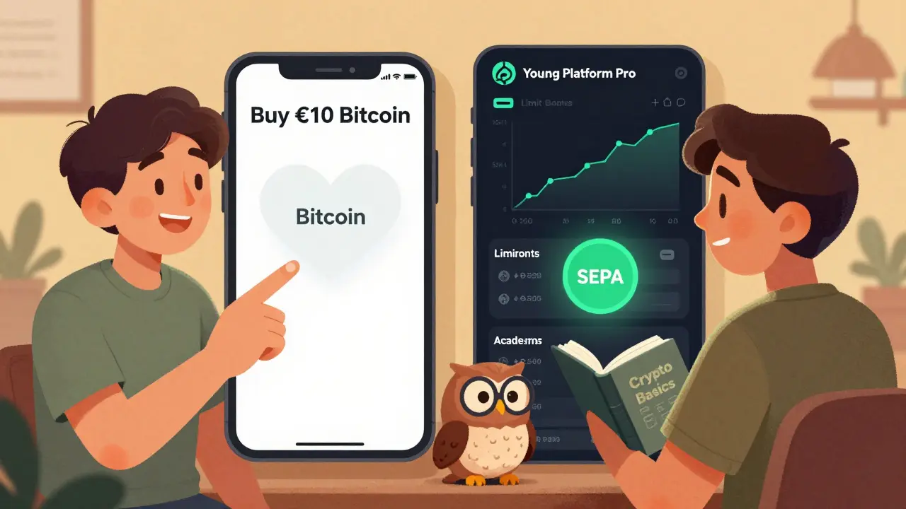 A user transitioning from beginner crypto app to advanced trading mode, with an owl symbolizing learning nearby.