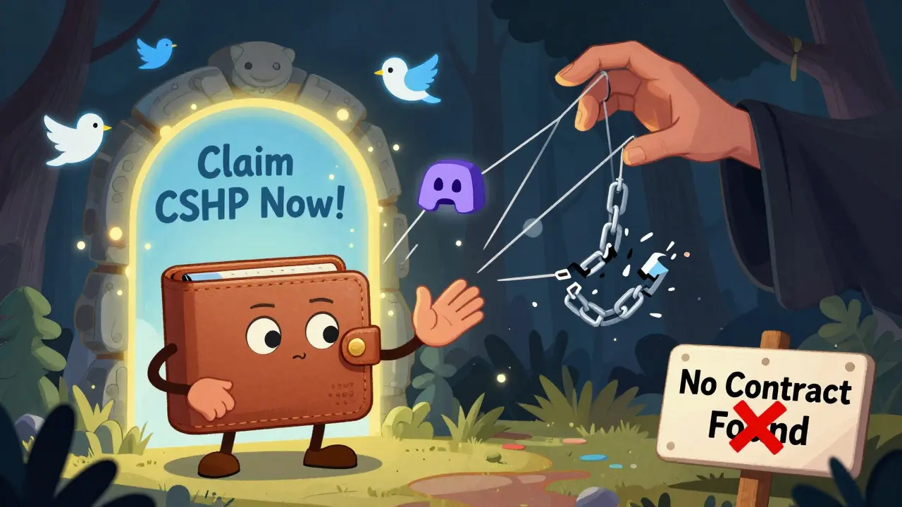 A wallet reaches toward a deceptive portal labeled 'Claim CSHIP Now!' while manipulated bots and a broken chain loom behind.