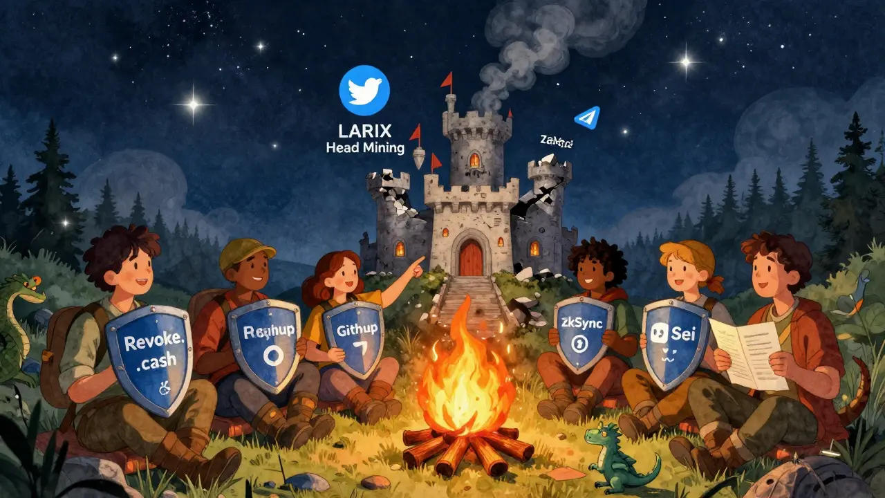 Adventurers around a campfire comparing a crumbling scam castle to a glowing real project castle under starry skies.